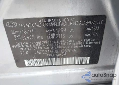 2011 Hyundai Sonata Gls из США, поврежденный, VIN 5NPEB4ACXBH267068